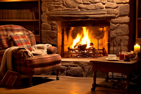 Cozy home interior with fireplace, armchair, books and candles.の素材