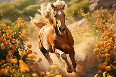 Horse run gallop in the field of yellow flowers. Beautiful stallion with long mane in motion.の素材