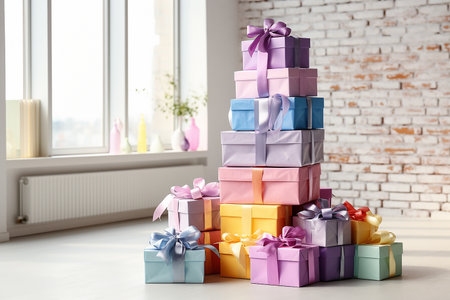 Pyramid of colorful gift boxes with bows on the floor at homeの素材