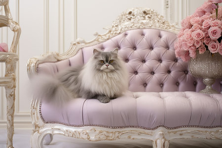 White persian cat on a pink sofa in a luxurious interior.の素材
