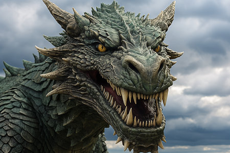 dragon head, close-up of a dragon head with open mouth and sharp teethの素材