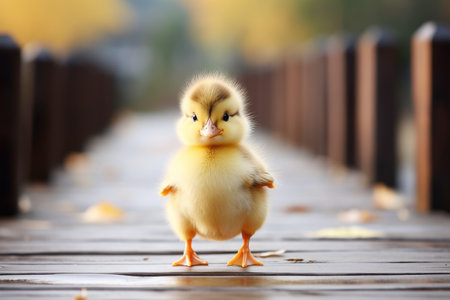 Little yellow duckling on wooden bridge, closeup. Spring timeの素材