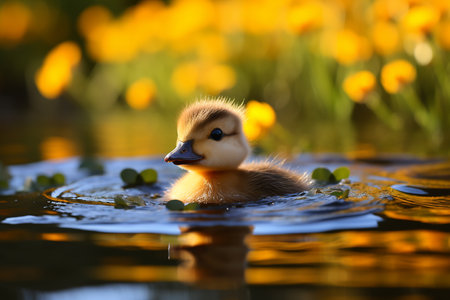 Little duckling swimming in a lake with yellow flowers in the backgroundの素材