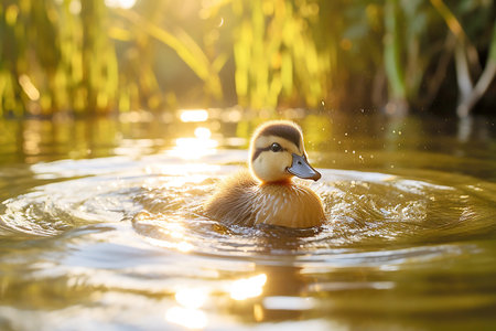 Cute duckling swimming in the lake at sunset. Close up.の素材