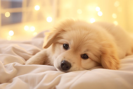 Cute little Pomeranian dog on bed at home, closeupの素材