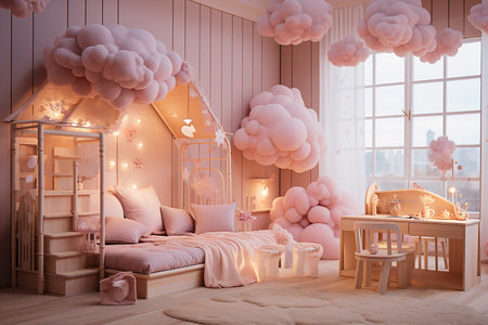 3d rendering of a childrens room in pastel colors.の素材