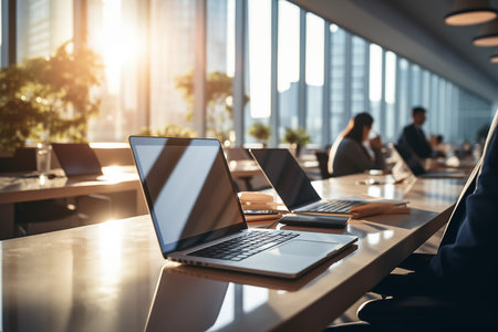 Laptop and notebook on table in modern meeting room with people in backgroundの素材