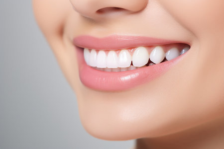 Beautiful young woman with healthy teeth, closeup. Dental careの素材