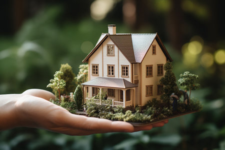 Miniature house model in the hands of a real estate agent.の素材