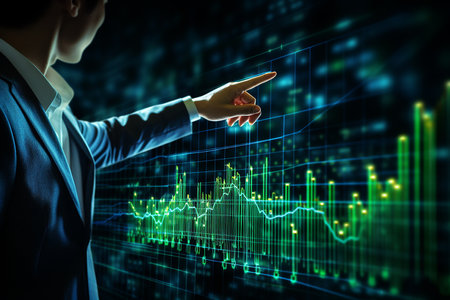 Close up of businessman touching icon of media screen with forex chartの素材