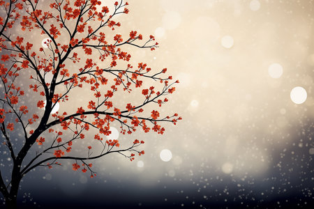 Tree branch with red leaves on bokeh background, vector illustrationの素材