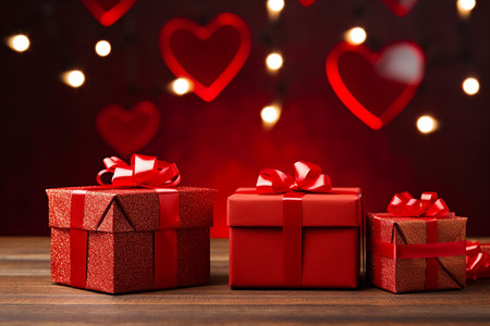 Gift boxes with red ribbons and hearts on bokeh backgroundの素材