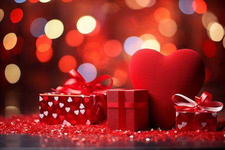 Red heart and gift boxes on bokeh background. Valentine's dayの素材