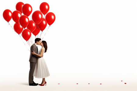 Young couple in love holding red heart-shaped balloons on white backgroundの素材