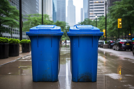 Trash can in the rain with skyscrapers in the backgroundの素材