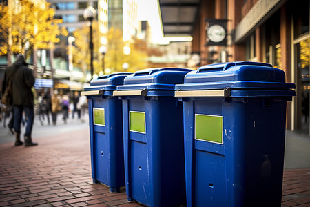 A row of blue trash cans on the streetの素材