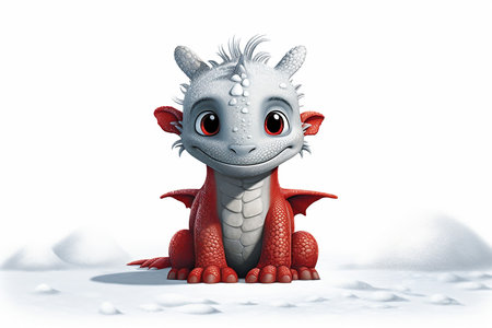 cute red dragon on the snow - 3d digitally rendered illustrationの素材