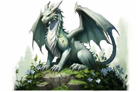 dragon in the forest with flowers and grass - 3d digitally rendered illustrationの素材