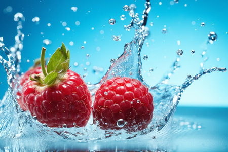 Ripe raspberries falling into water with splash on blue backgroundの素材