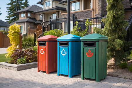 garbage cans on city streets, the concept of waste sorting and environmental protectionの素材