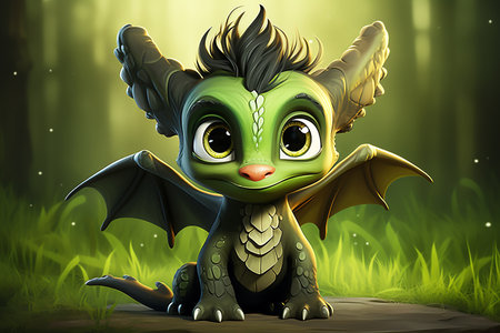 Illustration of a cute green dragon in the forest on a dark backgroundの素材