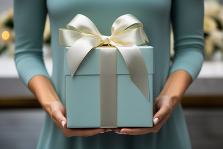Female hands holding gift box with ribbon. High quality photoの素材