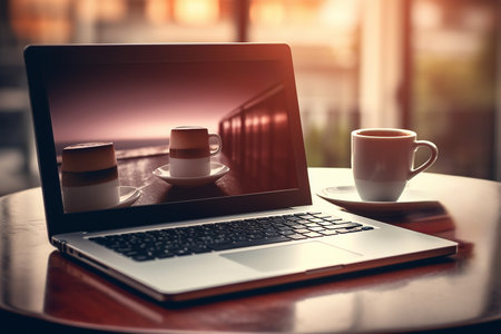 A cup of cappuccino and a laptop on the table in a coffee shop.Workplace .coffee break. High quality photoの素材