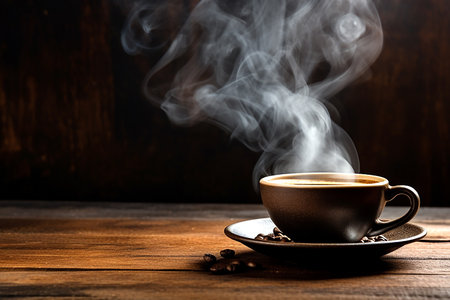 Cup of coffee in cafe on table on pleasant evening on dark background High quality photoの素材