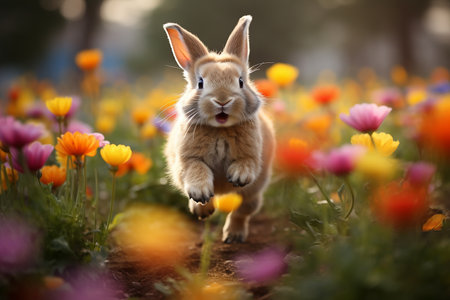Little fluffy decorative rabbit running on field, Easter conceptの素材