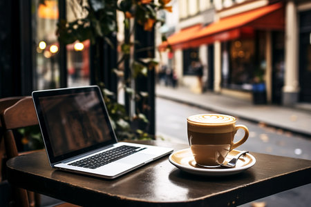 A cup of cappuccino and a laptop on the table in a coffee shop.Workplace .coffee break.の素材