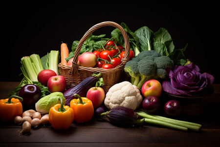 A lot of different vegetables on a wooden table, diet and vegetarianism, healthy eating conceptの素材