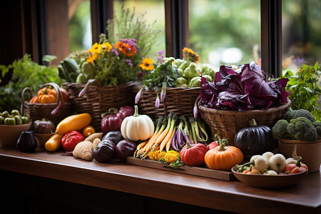 A lot of different vegetables on a wooden table, diet and vegetarianism, healthy eating conceptの素材