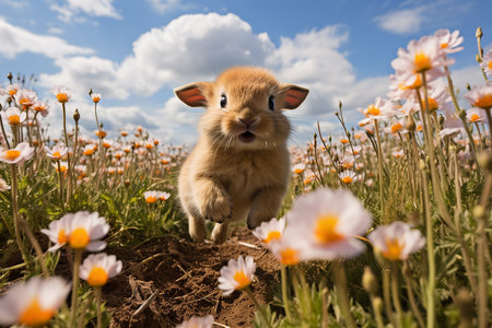 Little fluffy decorative rabbit running on field, Easter conceptの素材