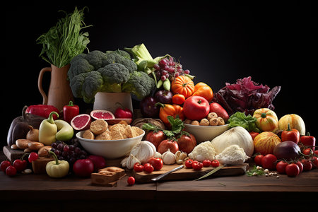 A lot of different vegetables on a wooden table, diet and vegetarianism, healthy eating conceptの素材