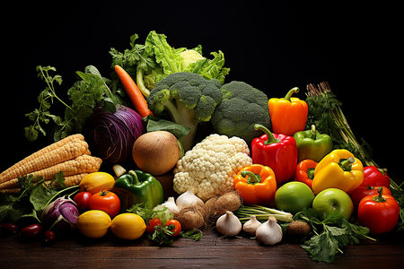 A lot of different vegetables on a wooden table, diet and vegetarianism, healthy eating conceptの素材