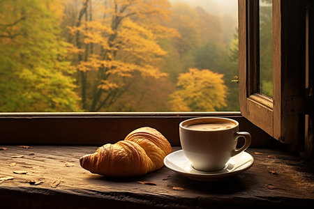 photo of an ideal morning breakfast without people, tea and croissants. High quality photoの素材