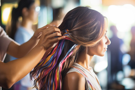 Hairdresser dyeing hair and styling beautiful woman in salon in bright color. High quality photoの素材