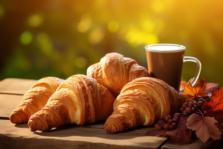 photo of an ideal morning breakfast without people, tea and croissants. High quality photoの素材