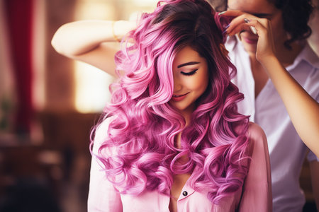 Hairdresser dyeing hair and styling beautiful woman in salon in bright color. High quality photoの素材