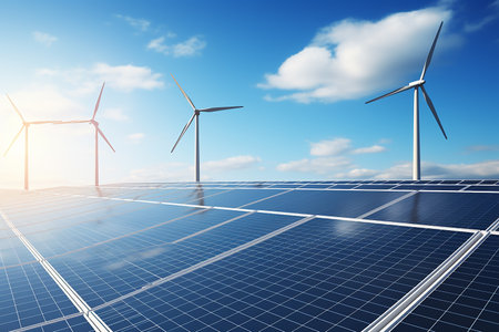 Solar panels and wind turbines, ecology and energy saving. High quality photoの素材
