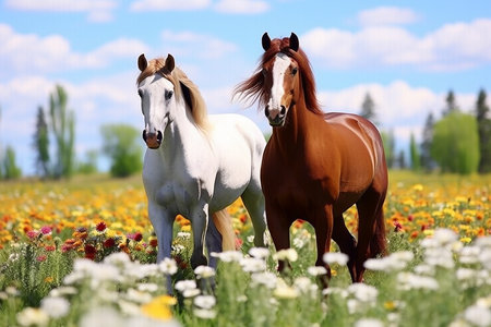 Two beautiful horse run gallop on flowers field with blue sky behind. High quality photoの素材