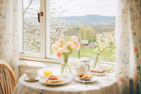 photo of an ideal morning breakfast without people,. High quality photoの素材