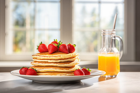 photo of an ideal morning breakfast without people,. High quality photoの素材