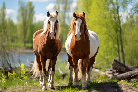Two horses in spring in the field. High quality photoの素材