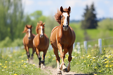 Three horses running on a spring field on a ranch. High quality photoの素材