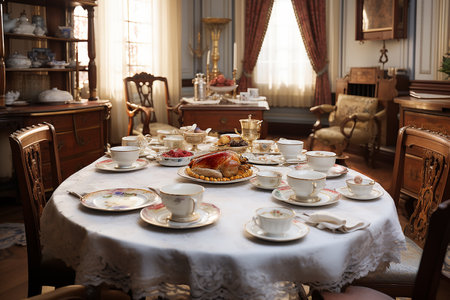 Served festive table with turkey in a cozy home. High quality photoの素材