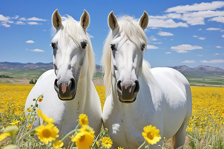 Two beautiful horse run gallop on flowers field with blue sky behind. High quality photoの素材
