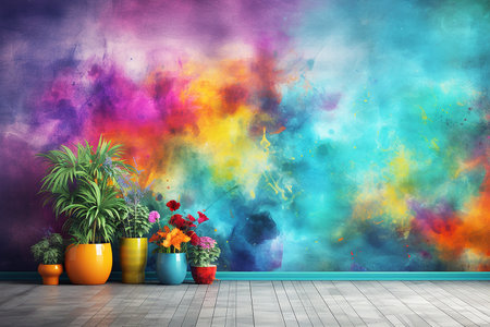 Bright painted wall with flowers in pots and space for text, bright background. High quality photoの素材