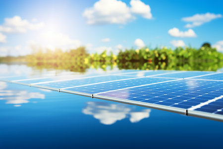 Green energy concept with outdoor solar panels and industrial roof equipped with blue tone solar cells. High quality photoの素材