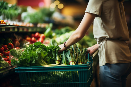 Fresh products in a supermarket, a worker repacks shelves in the aisle of the produce department. High quality photoの素材